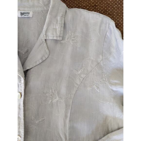 Haven 100% Linen Embroidered Button Down Shirt Taupe Beige Size Large Floral - Picture 6 of 10